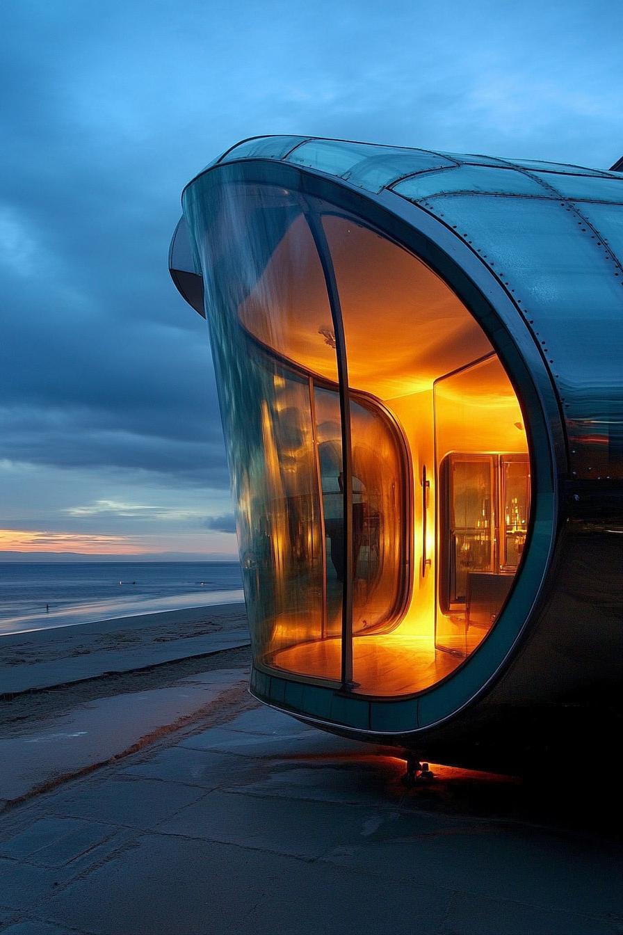 unusual glass house facade in shape of a submarine on beachfront