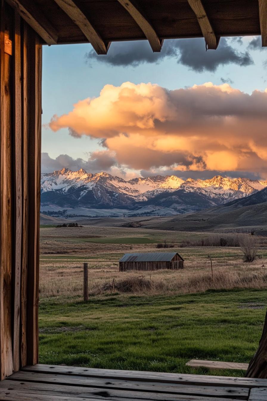 view from rustic ranch house porch fields visible small barn building dramatic mountains in sunset clouds in backdrop 1