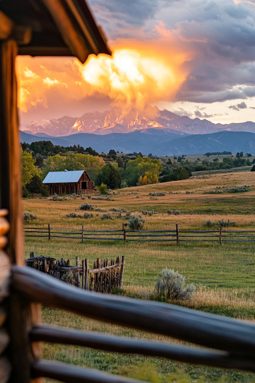 view from rustic ranch house porch fields visible small barn building dramatic mountains in sunset clouds in backdrop 2