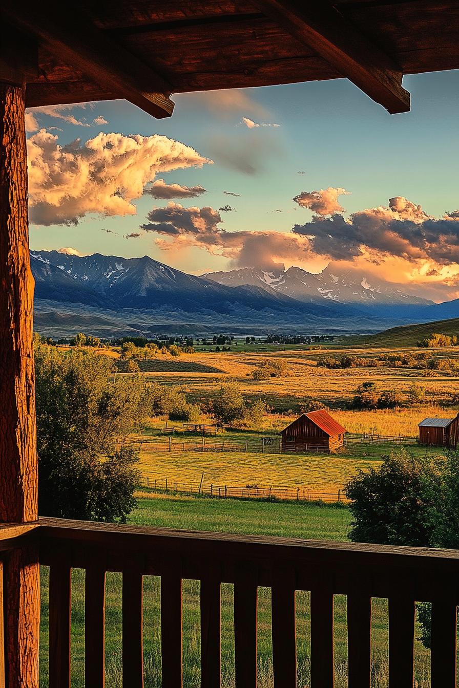 view from rustic ranch house porch fields visible small barn building dramatic mountains in sunset clouds in backdrop 3