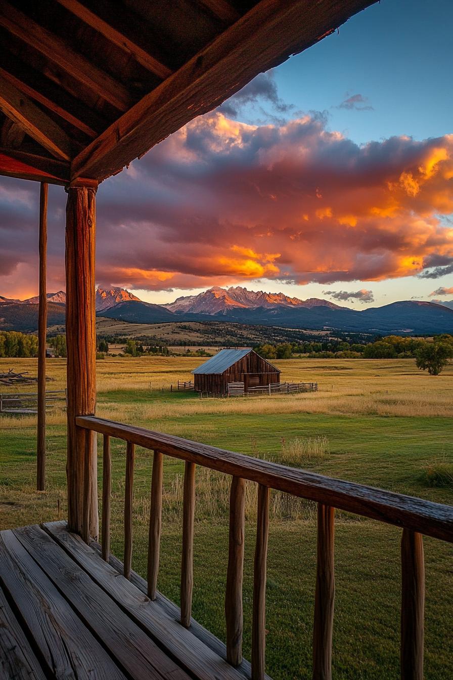 view from rustic ranch house porch fields visible small barn building dramatic mountains in sunset clouds in backdrop