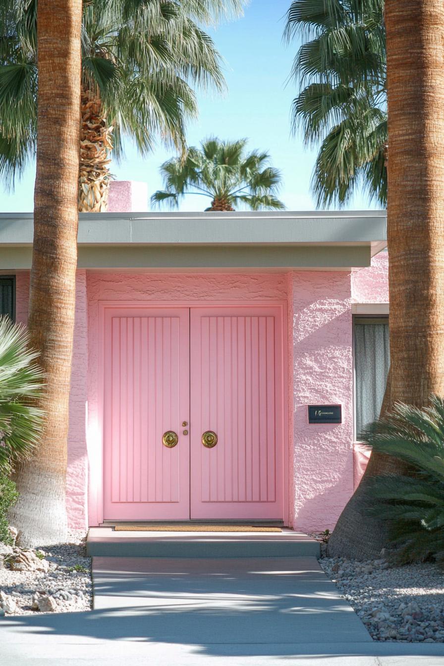 70s midcentury house facade front door in statement pink color front yard with tall palms 1