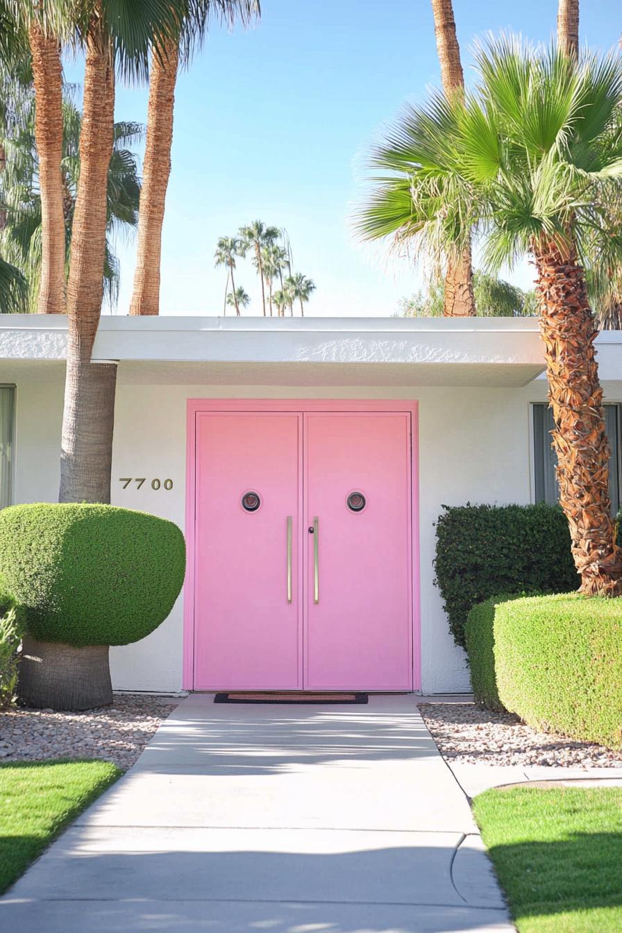 70s midcentury house facade front door in statement pink color front yard with tall palms 2