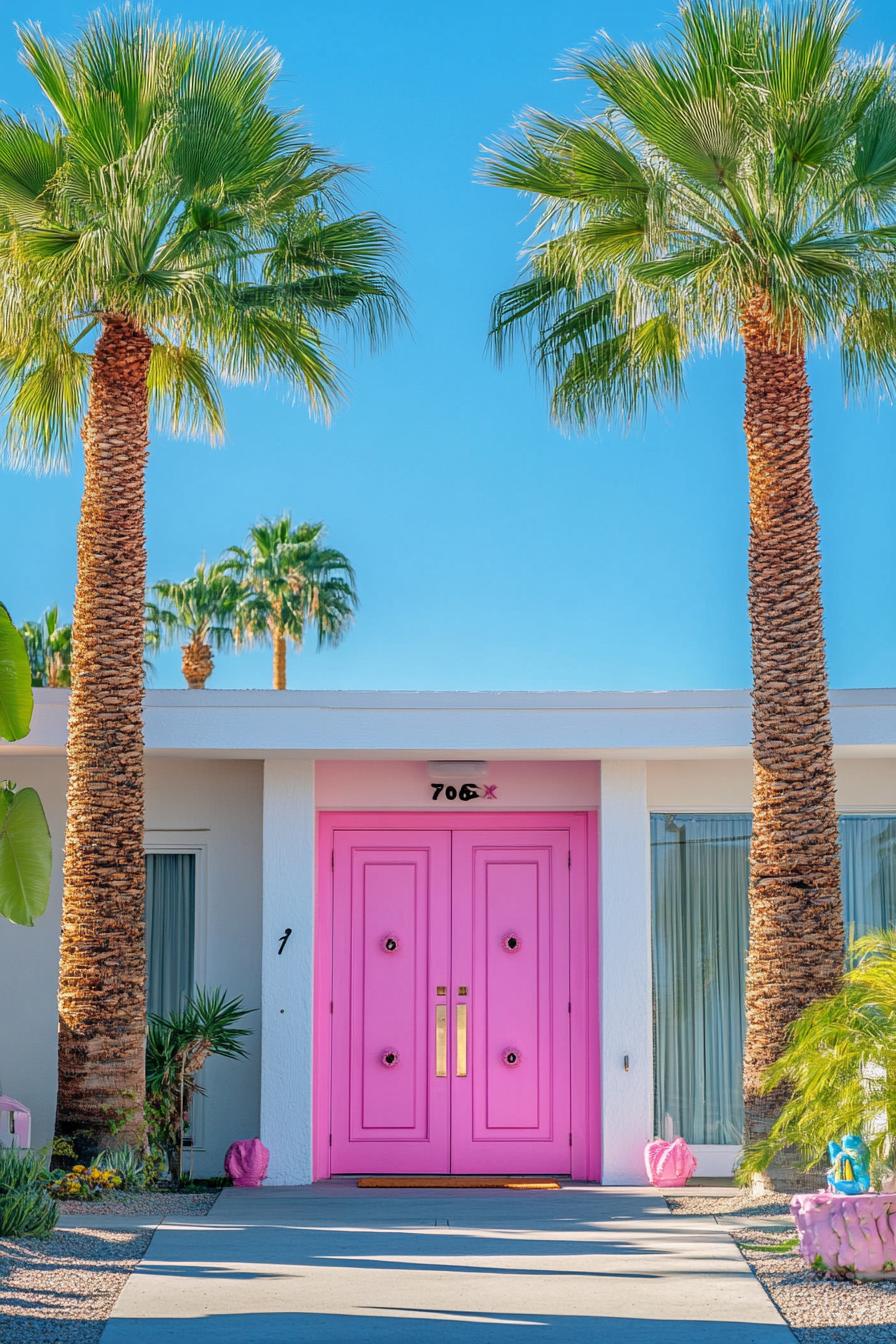 70s midcentury house facade front door in statement pink color front yard with tall palms 3