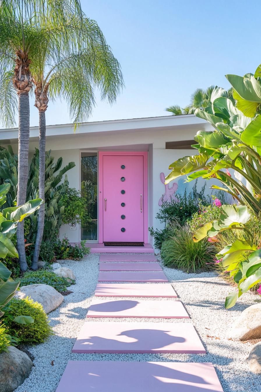 70s midcentury house facade front door in statement pink color front yard with tall palms