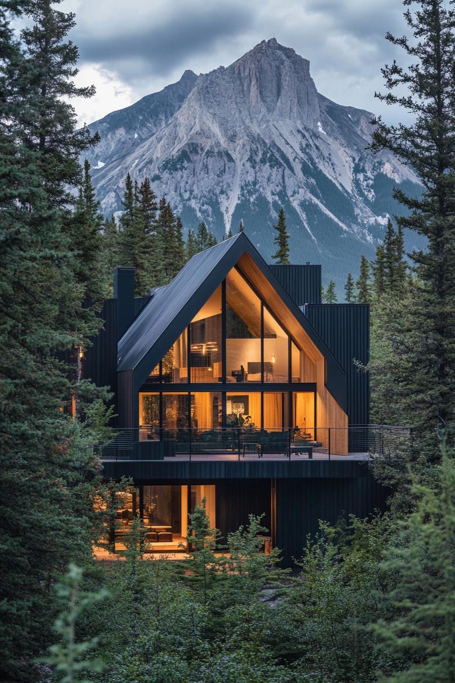 A modern mountain house is nestled among tall pine trees and rugged mountains. The structure boasts a steep gabled roof with modern black cladding 1