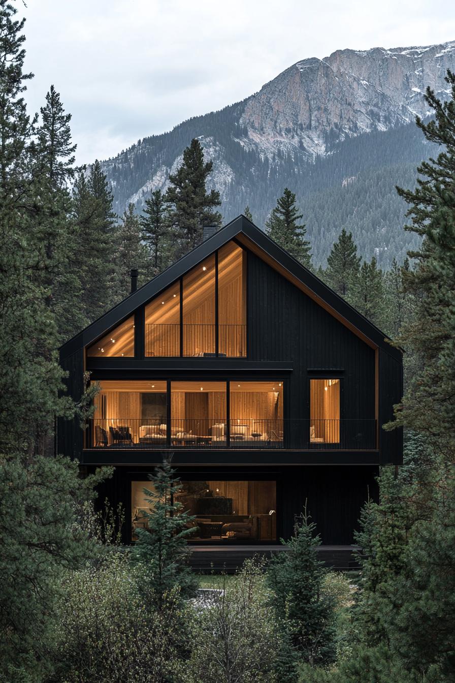 A modern mountain house is nestled among tall pine trees and rugged mountains. The structure boasts a steep gabled roof with modern black cladding