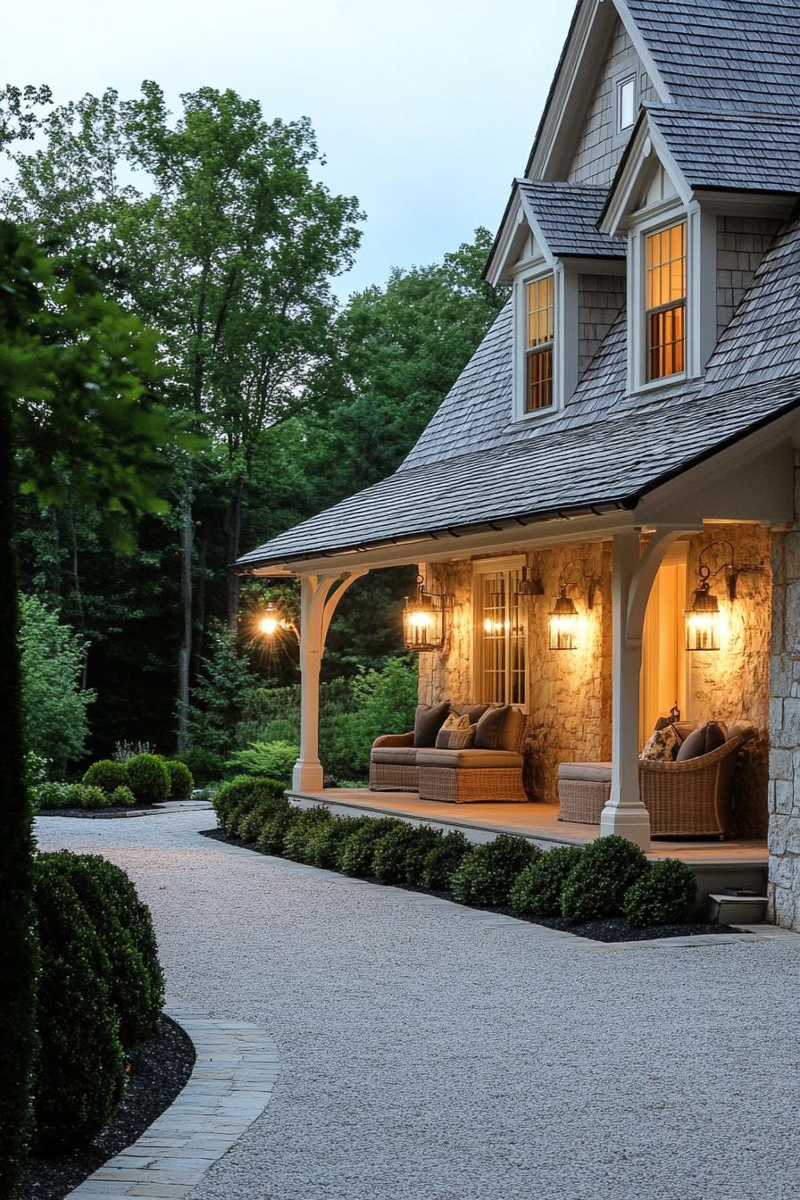 English cottage porch with barn style lighting cozy seating large driveway with shrubs 1