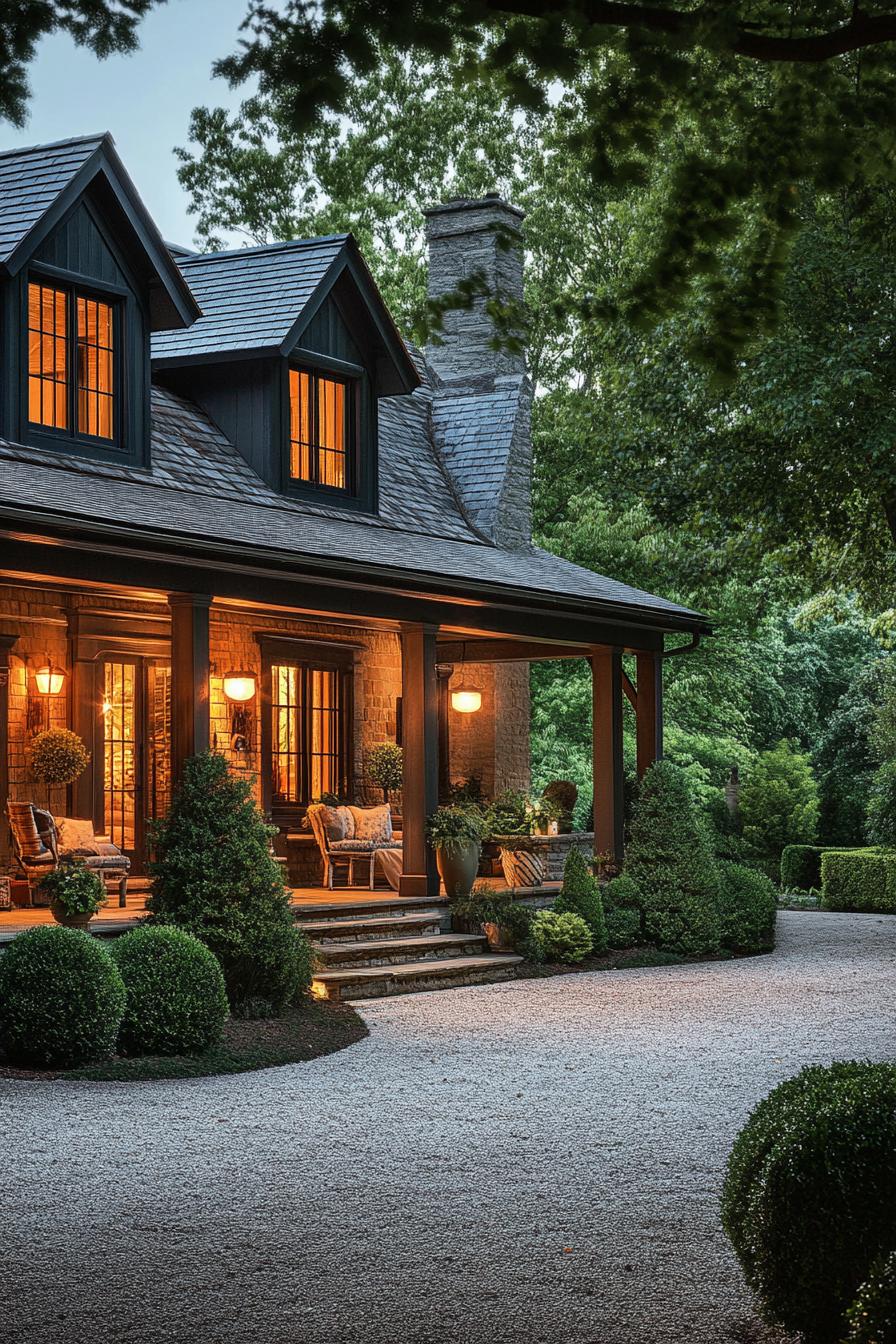 English cottage porch with barn style lighting cozy seating large driveway with shrubs 2