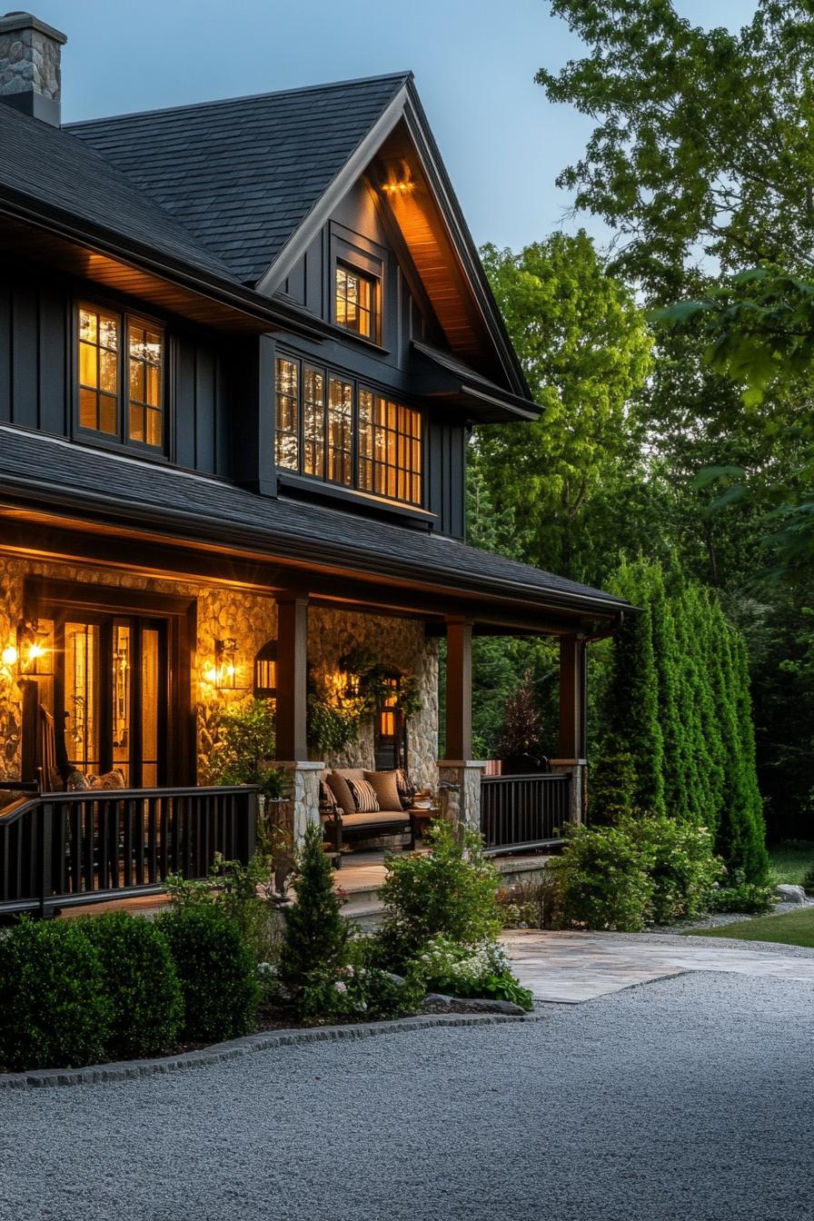 English cottage porch with barn style lighting cozy seating large driveway with shrubs 3