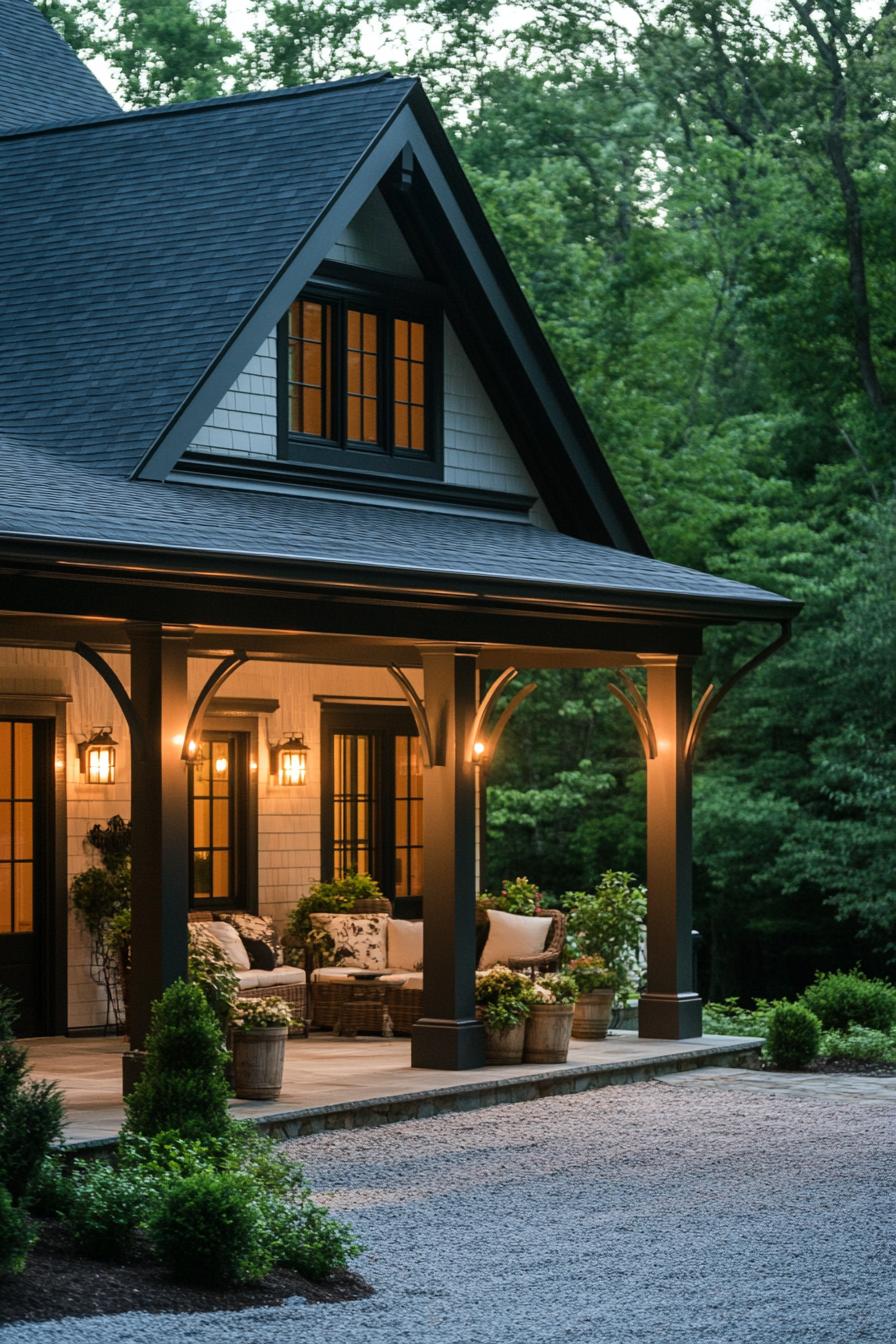 English cottage porch with barn style lighting cozy seating large driveway with shrubs