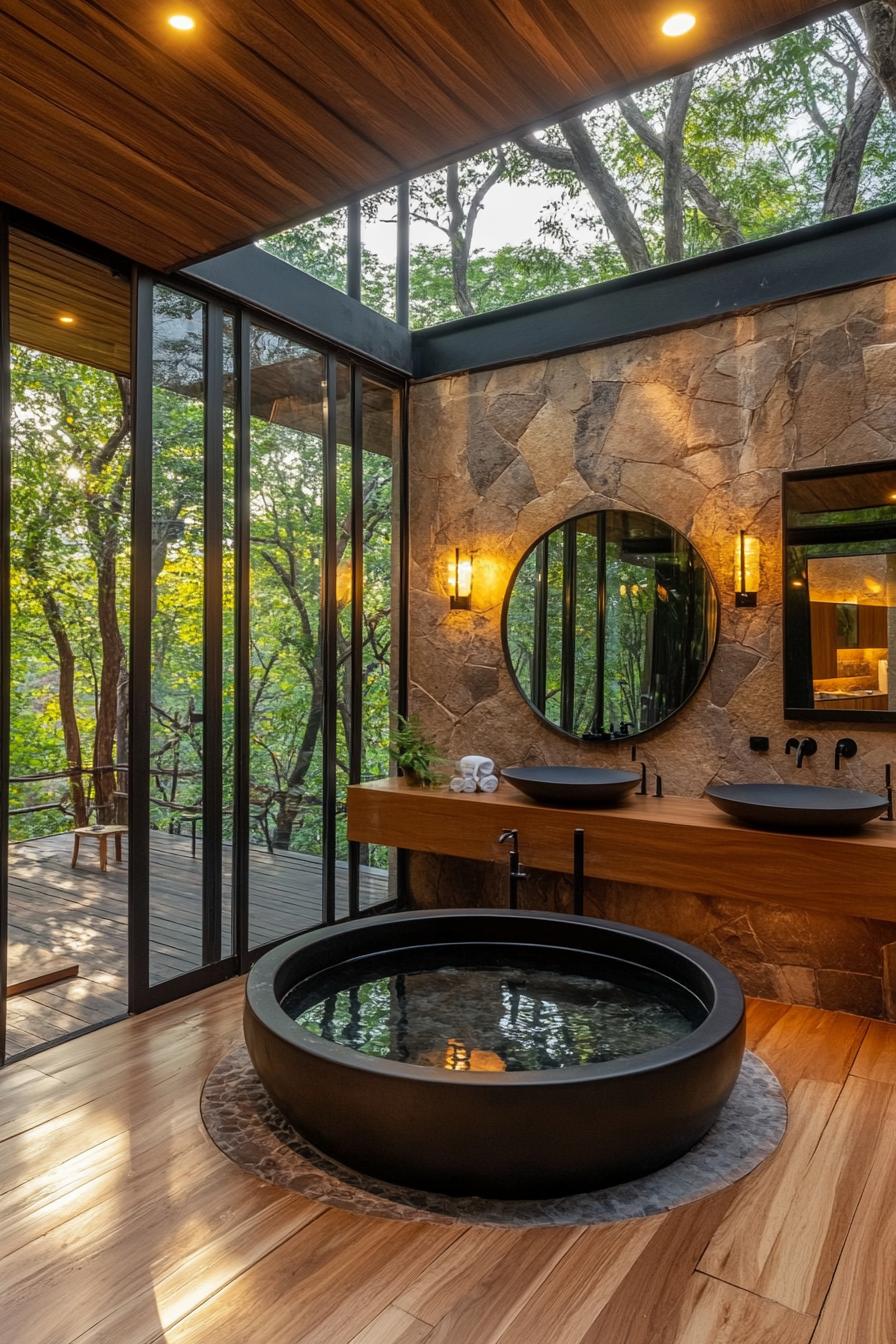 Interior of a modern glass house with Floor to ceiling glass walls offer expansive views of lush forest flora. A round black freestanding bathtub is 1