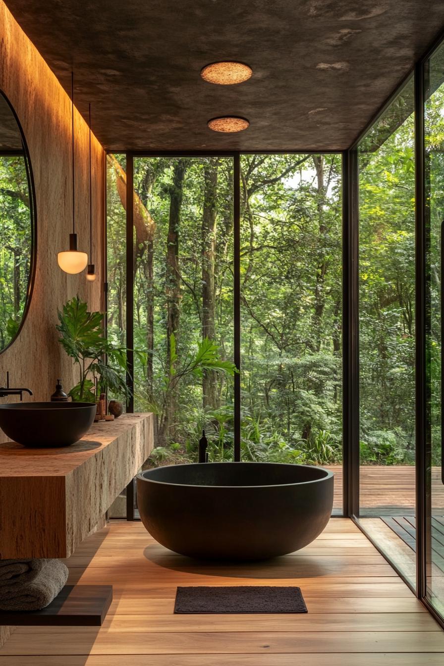 Interior of a modern glass house with Floor to ceiling glass walls offer expansive views of lush forest flora. A round black freestanding bathtub is 2