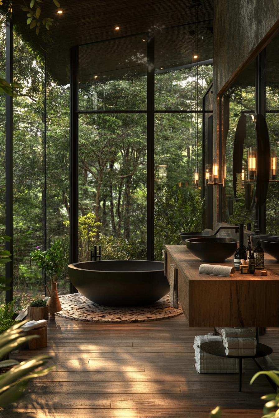 Interior of a modern glass house with Floor to ceiling glass walls offer expansive views of lush forest flora. A round black freestanding bathtub is