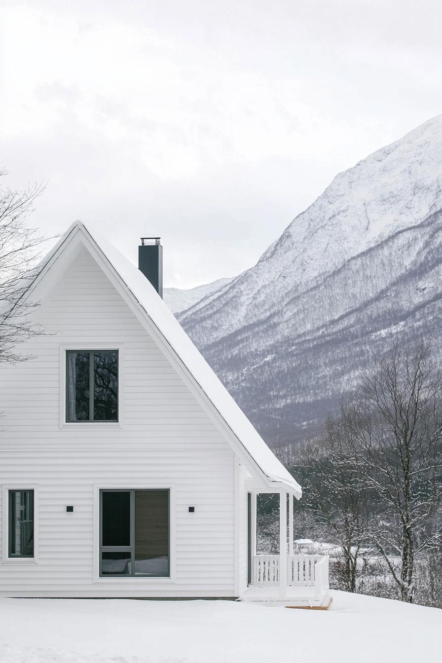 all white a frame mountain house with white siding and white roof Scandinavian mountains in the background 1