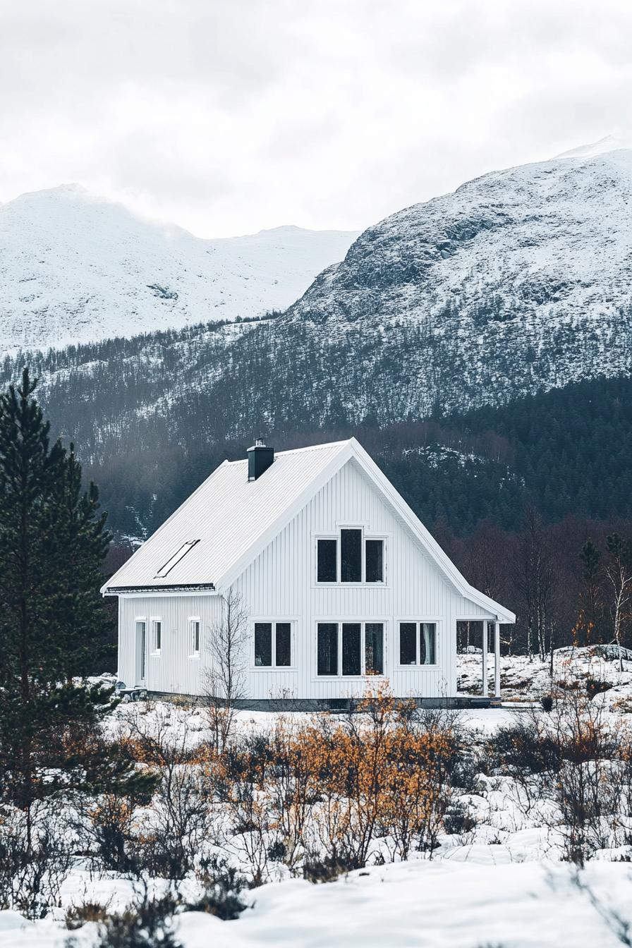 all white a frame mountain house with white siding and white roof Scandinavian mountains in the background 2