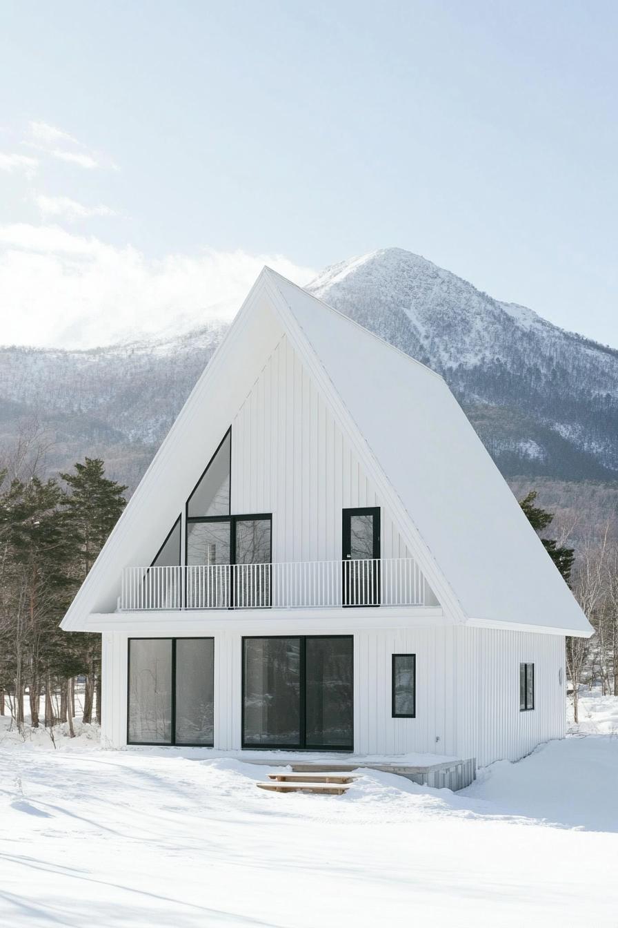 all white a frame mountain house with white siding and white roof Scandinavian mountains in the background 3