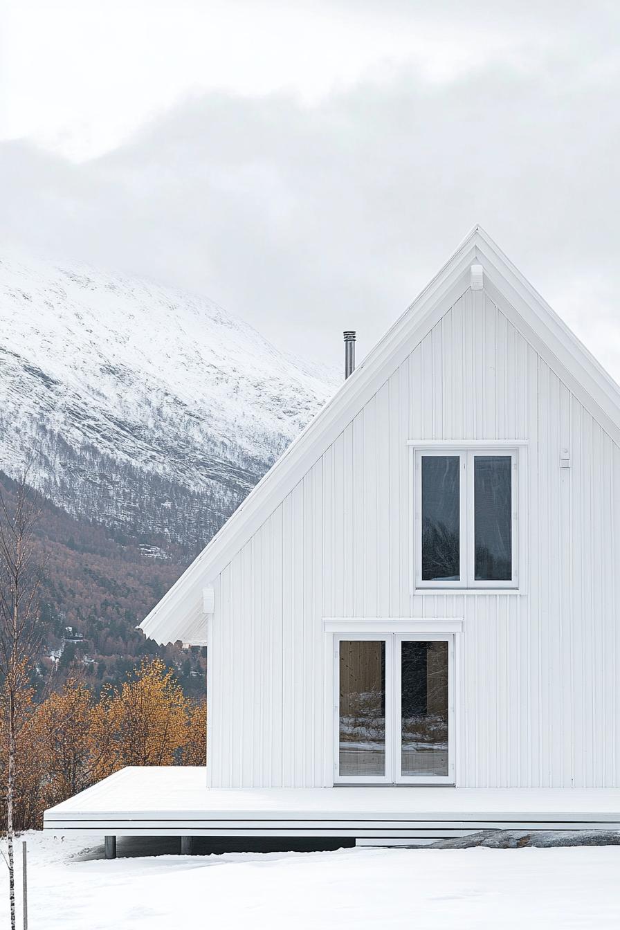 all white a frame mountain house with white siding and white roof Scandinavian mountains in the background