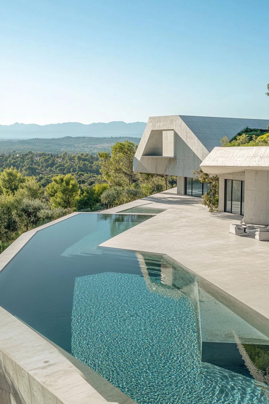 areal view of a large concrete villa with a large infinity pool the villa is geometric and has a garden roof that blends into the environment the 1