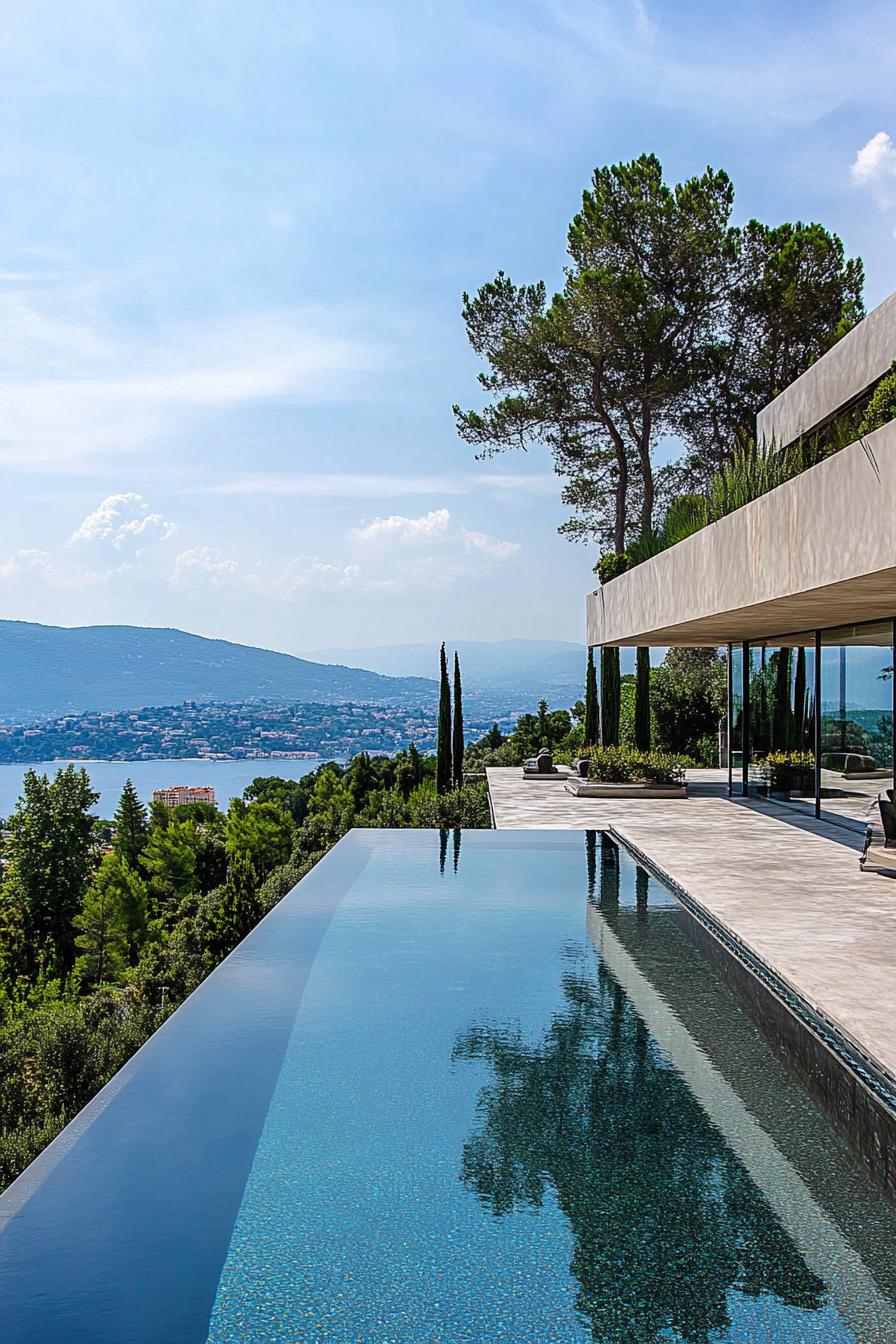 areal view of a large concrete villa with a large infinity pool the villa is geometric and has a garden roof that blends into the environment the 2