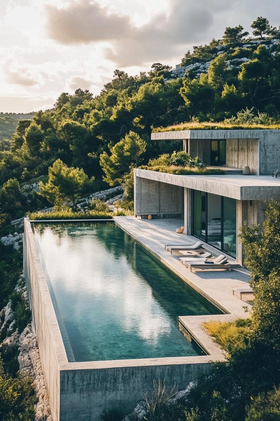 areal view of a large concrete villa with a large infinity pool the villa is geometric and has a garden roof that blends into the environment the 3