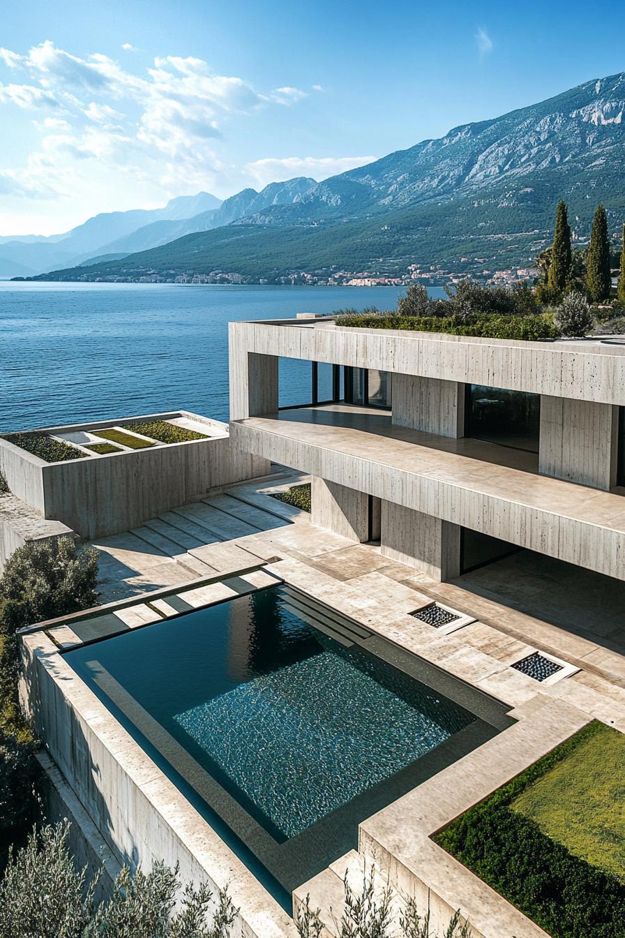 areal view of a large concrete villa with a large infinity pool the villa is geometric and has a garden roof that blends into the environment the