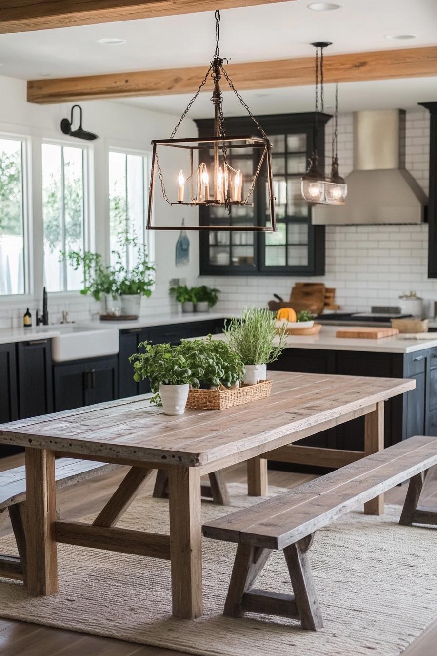 barndominium open plan kitchen with farmhouse dining table and benches decor with herbs 1