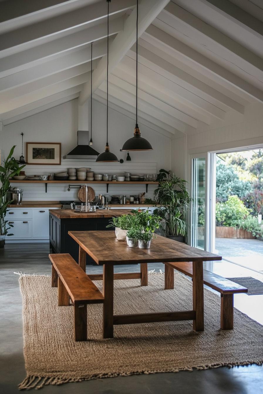 barndominium open plan kitchen with farmhouse dining table and benches decor with herbs