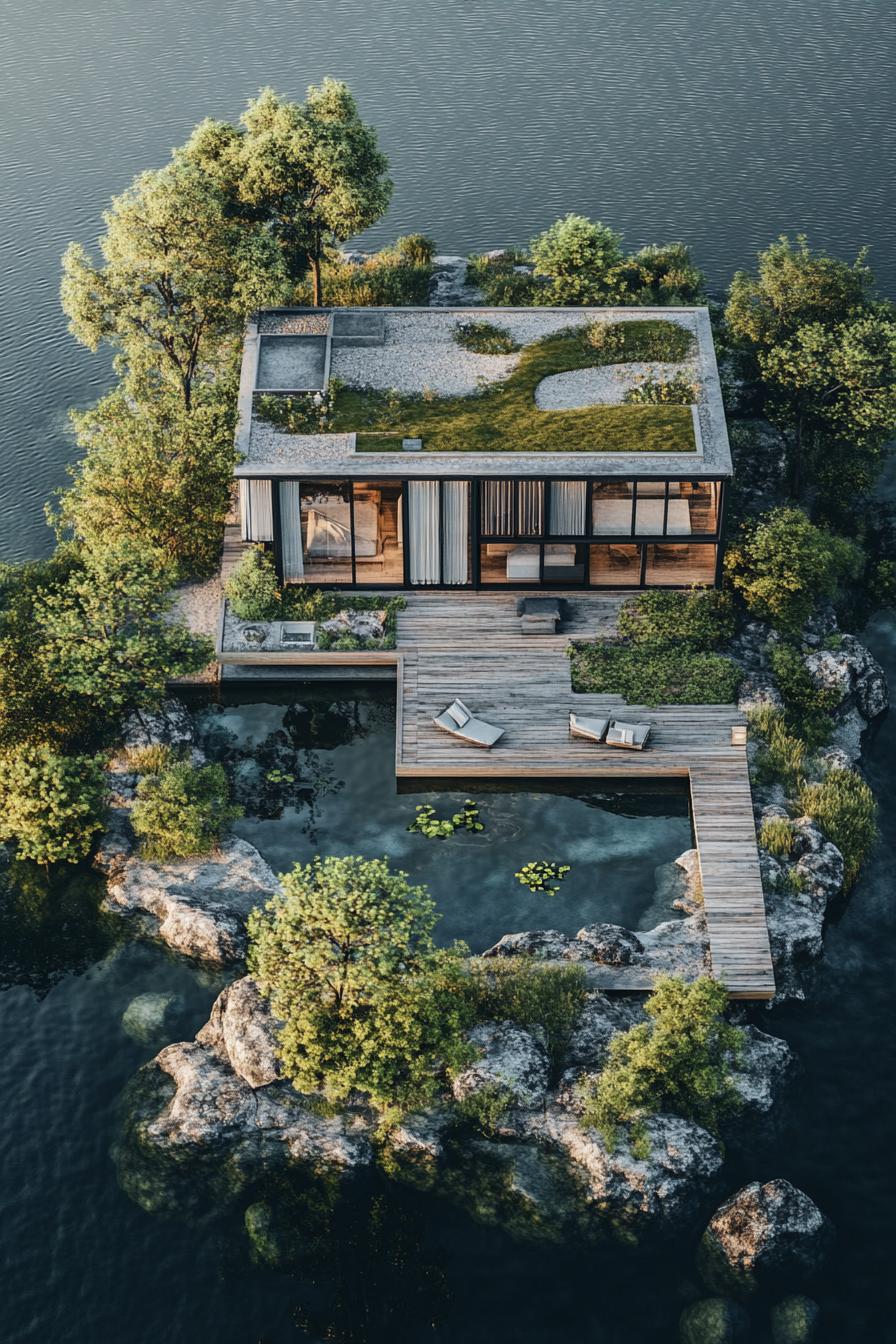 birds eye view of a modern cottage on a lake island 1