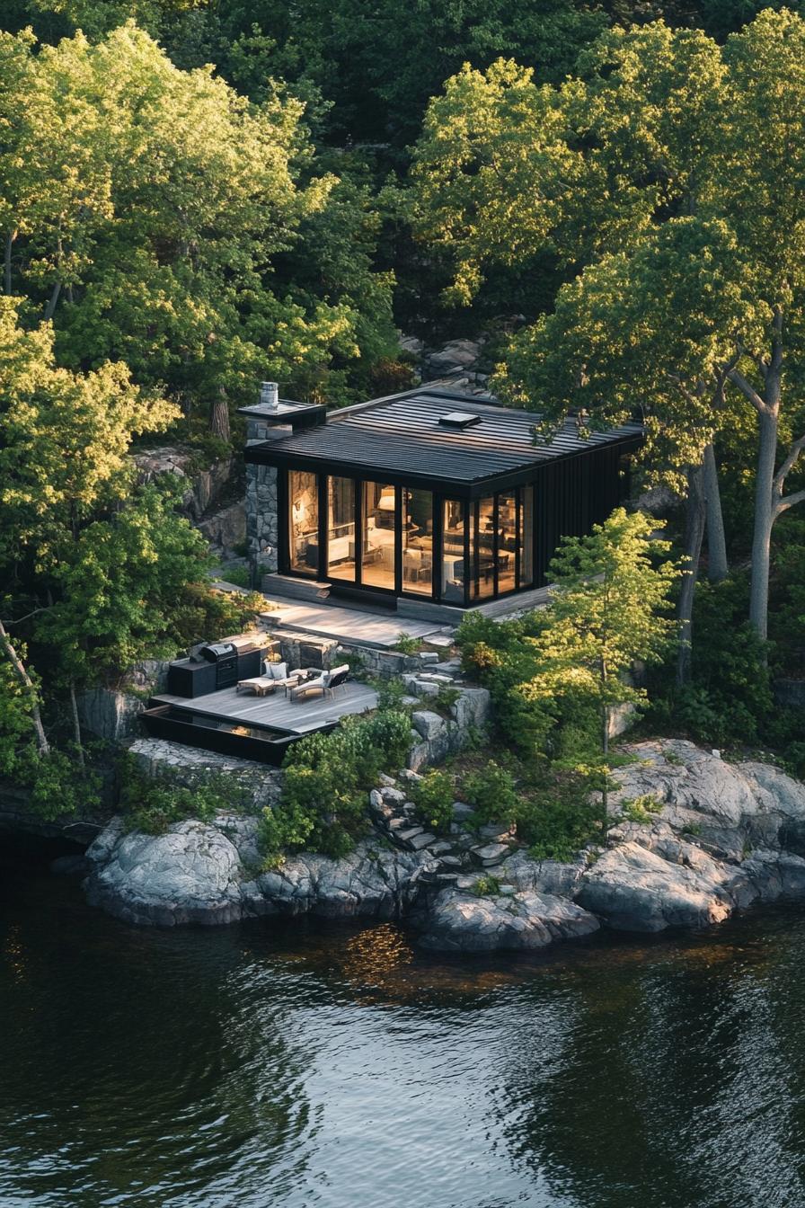 birds eye view of a modern cottage on a lake island 2