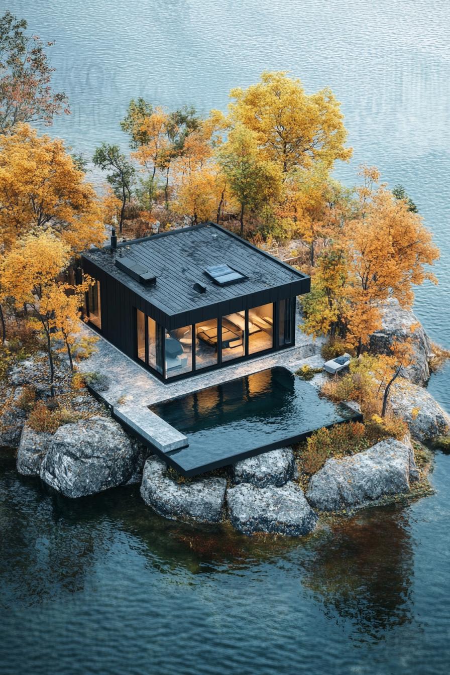 birds eye view of a modern cottage on a lake island 3