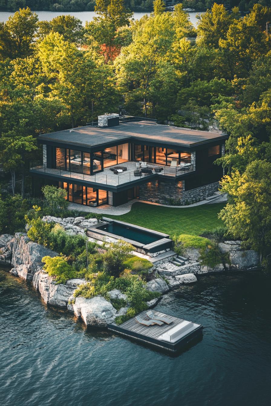 birds eye view of a modern cottage on a lake island