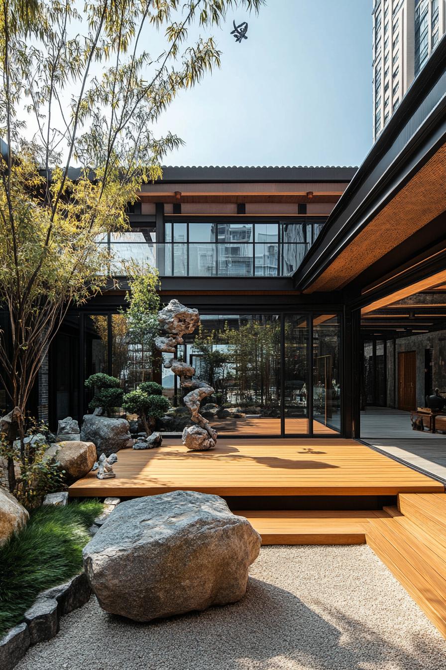 chinese inner courtyard with modern art sculptures wooden deck rocks chinese detailing modern office building visible over the roof from the 1