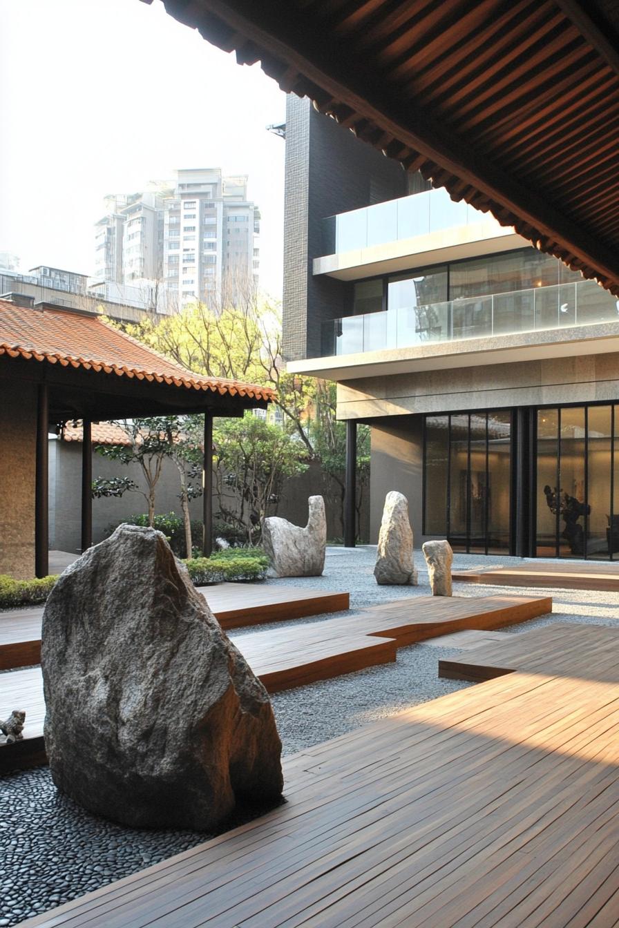 chinese inner courtyard with modern art sculptures wooden deck rocks chinese detailing modern office building visible over the roof from the 2