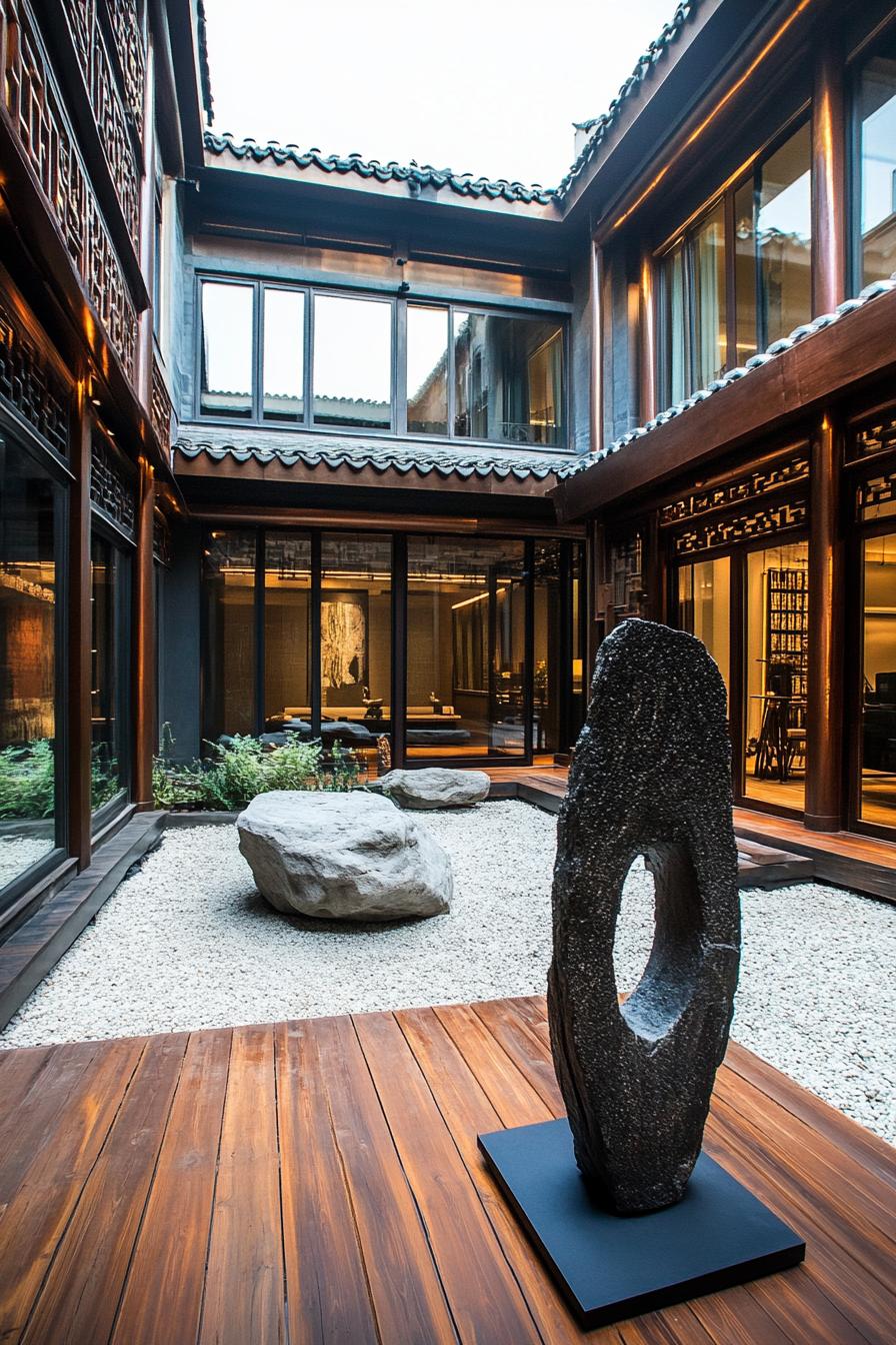 chinese inner courtyard with modern art sculptures wooden deck rocks chinese detailing modern office building visible over the roof from the 3