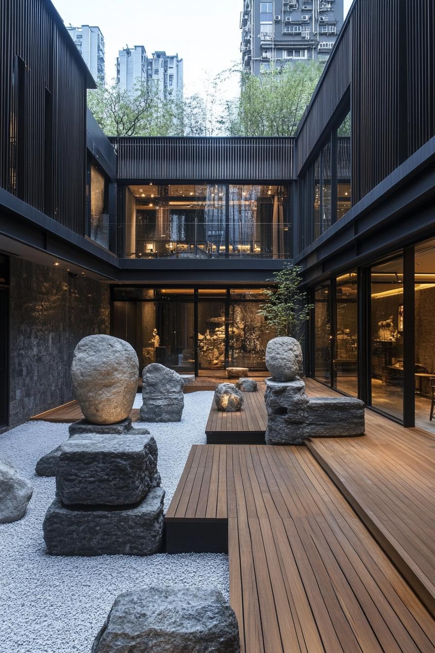 chinese inner courtyard with modern art sculptures wooden deck rocks chinese detailing modern office building visible over the roof from the