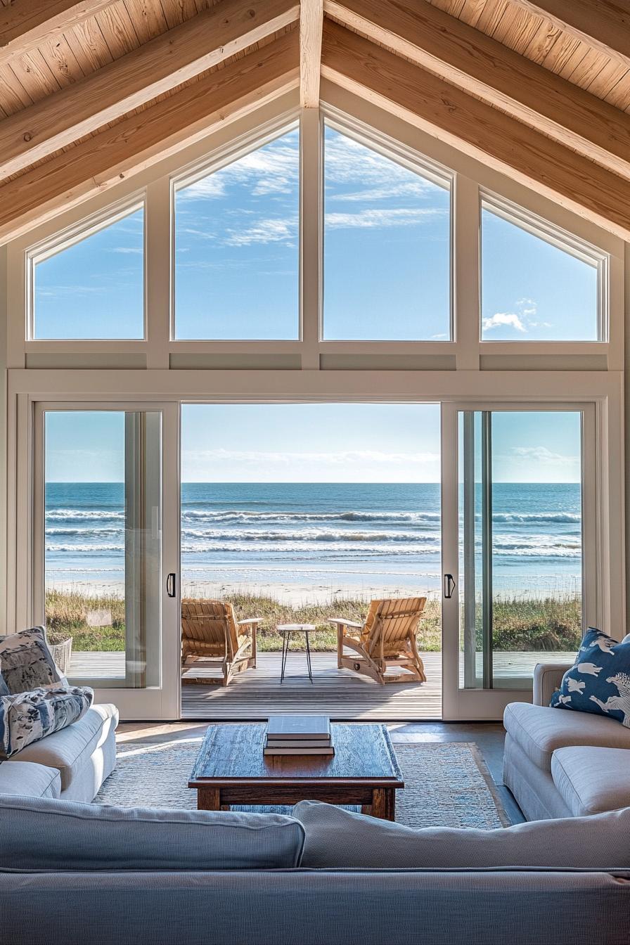 coastal beachfront home living room with large windows to the ocean sliding doors lead to terrace deck with outdoor furniture inside furniture and 1