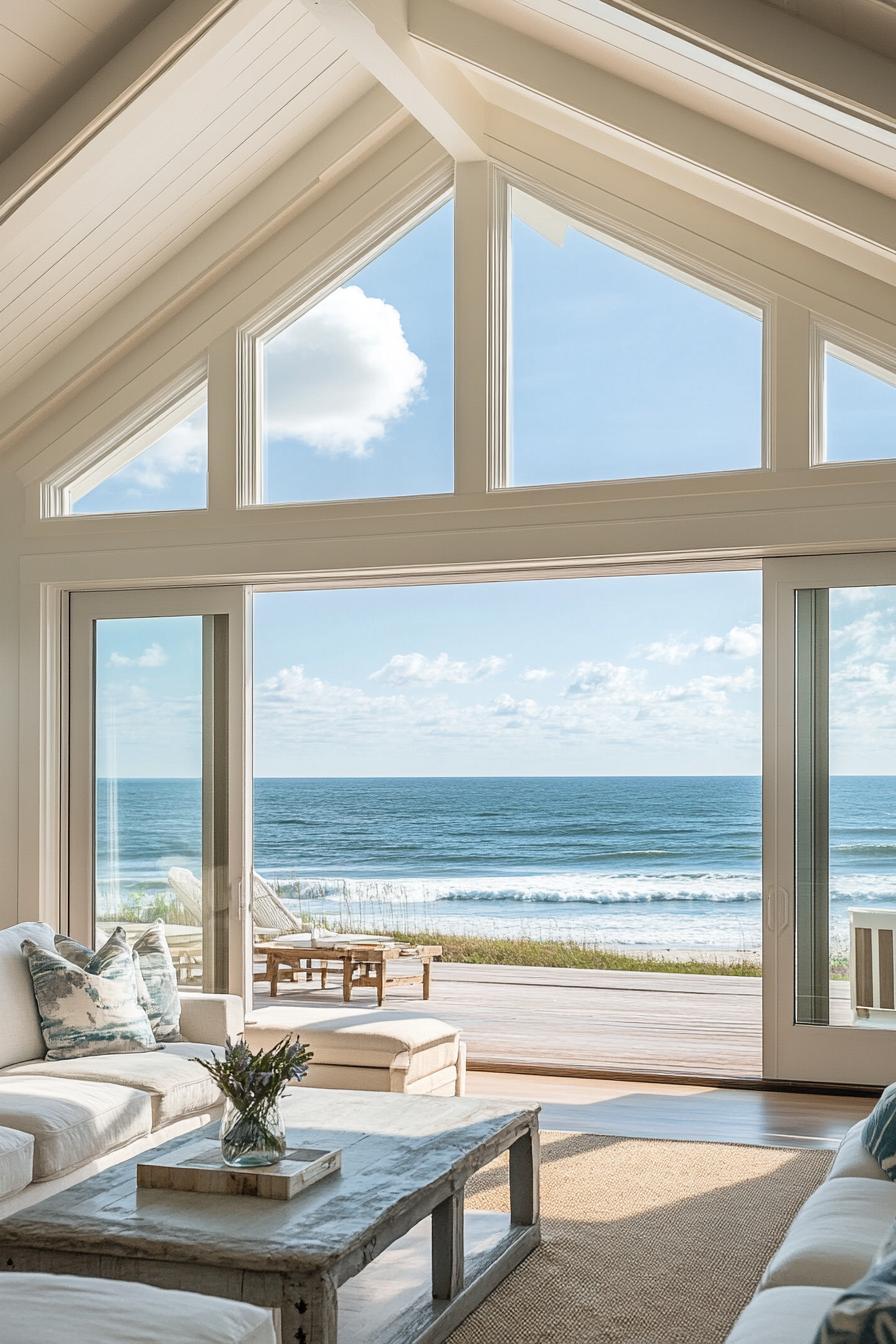 coastal beachfront home living room with large windows to the ocean sliding doors lead to terrace deck with outdoor furniture inside furniture and