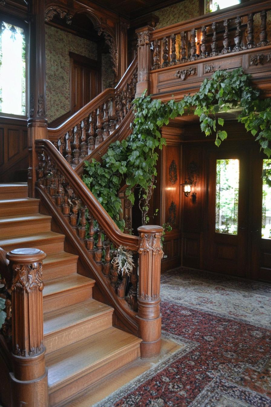 cottagecore interior enrtyway staircase with wooden railings with balustrades and vine climbers