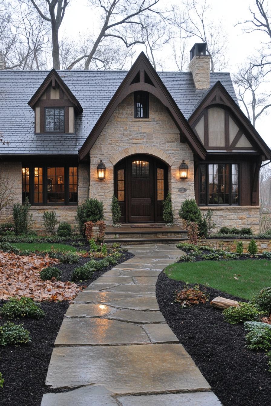 craftsman house in stone siding natural wood accents tudor style roof detailing small porch black mulch and concrete path landscape 1