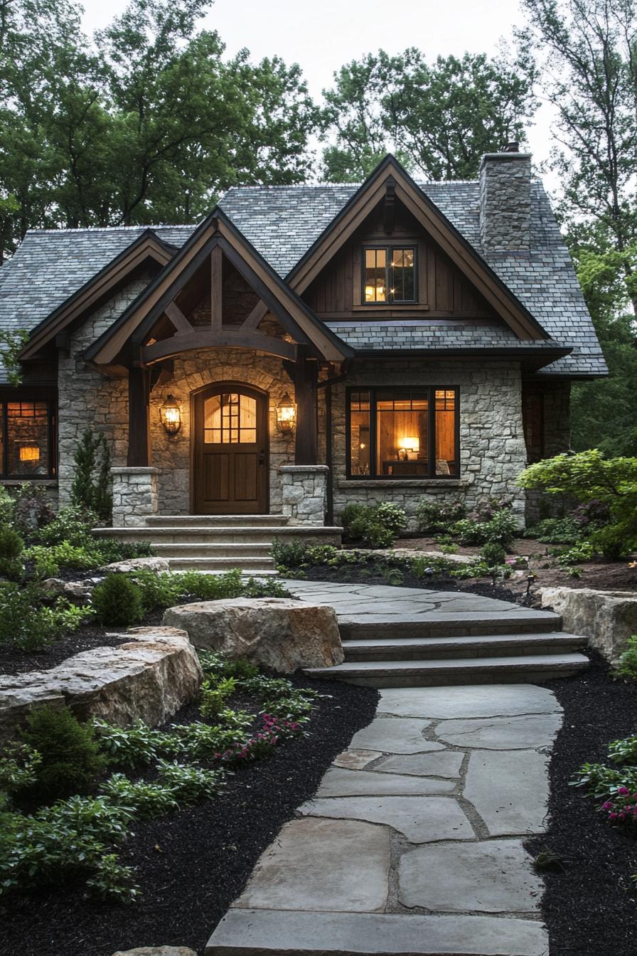 craftsman house in stone siding natural wood accents tudor style roof detailing small porch black mulch and concrete path landscape 2