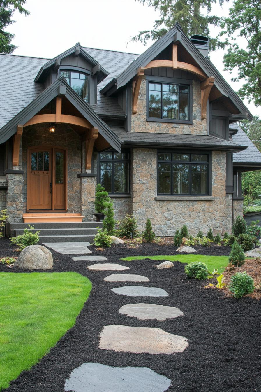 craftsman house in stone siding natural wood accents tudor style roof detailing small porch black mulch and concrete path landscape