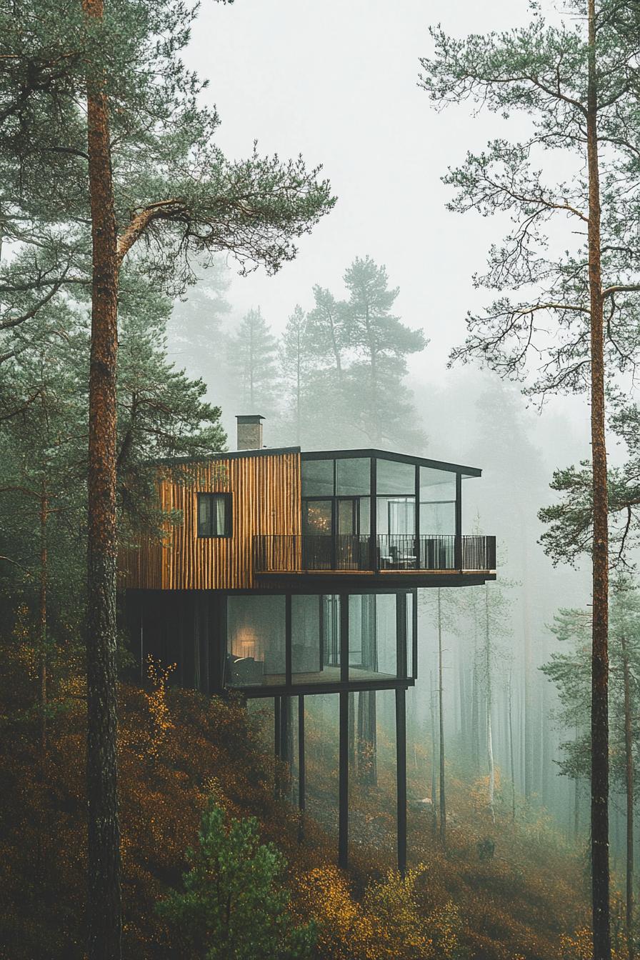 elevated luxury dream house surrounded by high pine trees in a misty Scandinavian forest 1