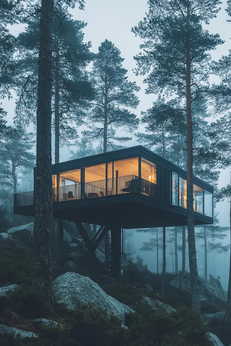 elevated luxury dream house surrounded by high pine trees in a misty Scandinavian forest 2