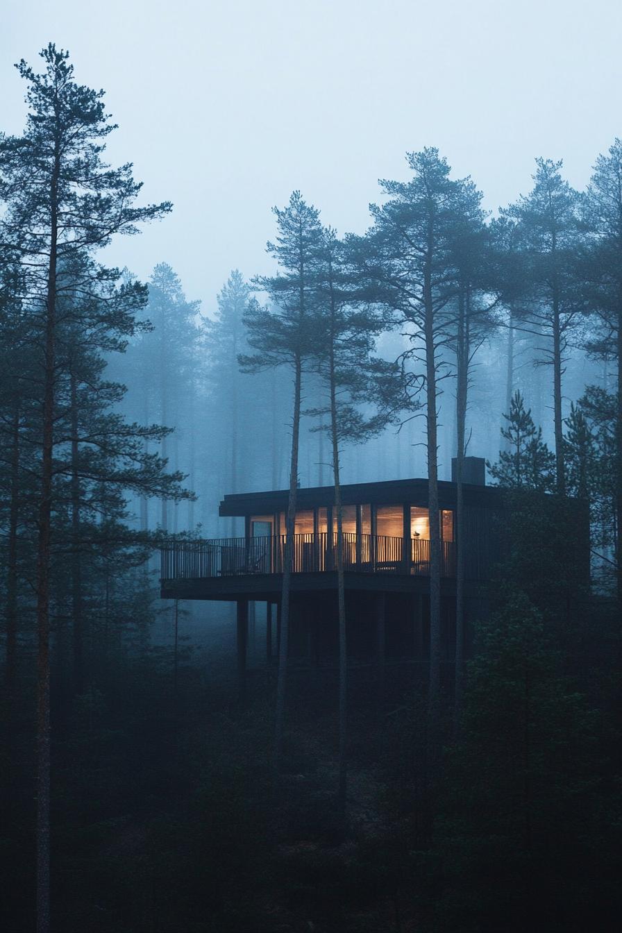 elevated luxury dream house surrounded by high pine trees in a misty Scandinavian forest 3