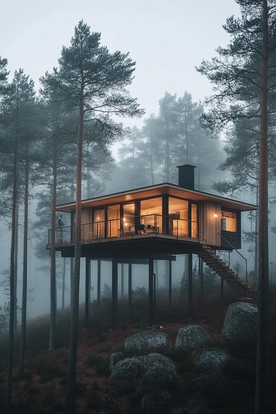 elevated luxury dream house surrounded by high pine trees in a misty Scandinavian forest