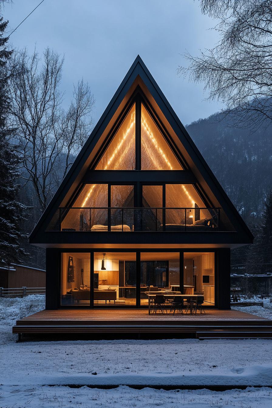 front view of a modern A frame house in midnight blue siding with Scandinavian wood front deck full glass wall illuminated interior Scandinavian 1