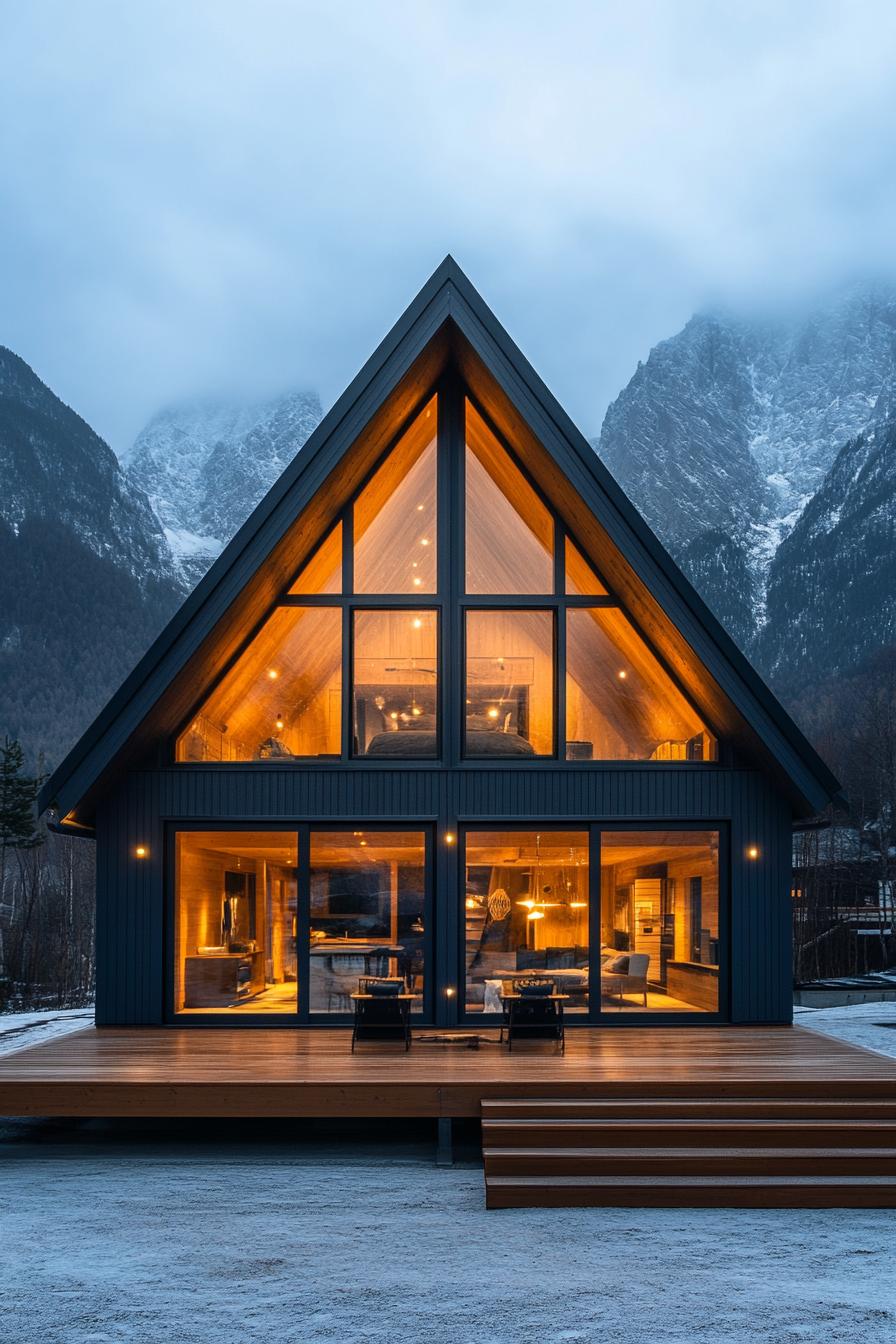 front view of a modern A frame house in midnight blue siding with Scandinavian wood front deck full glass wall illuminated interior Scandinavian 2