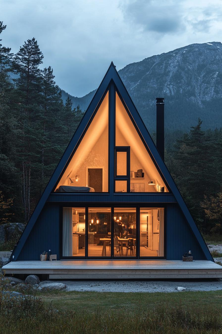 front view of a modern A frame house in midnight blue siding with Scandinavian wood front deck full glass wall illuminated interior Scandinavian 3