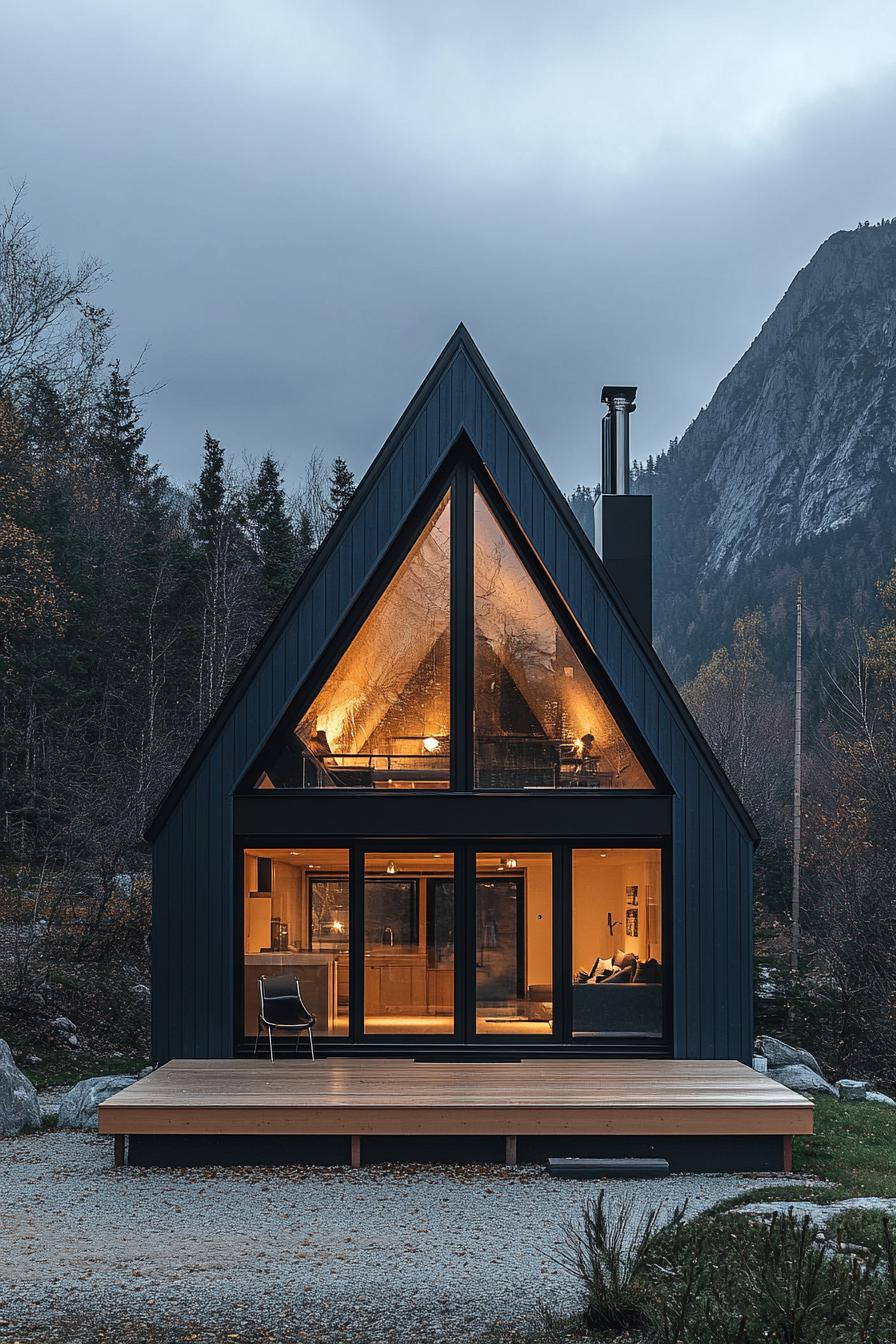 front view of a modern A frame house in midnight blue siding with Scandinavian wood front deck full glass wall illuminated interior Scandinavian